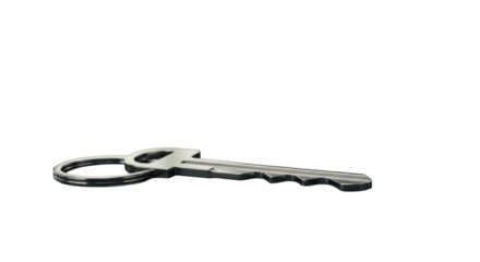 A pristine, ultra-modern, polished silver metallic keychain with sleek design on a dark, reflective minimalist surface, subtly blurred high-end office background, corporate reliability and innovation