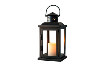 Traditional black metal lantern with clear glass panels and burning candle casting soft warm light, isolated on a transparent background