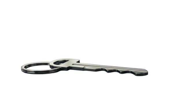 A pristine, ultra-modern, polished silver metallic keychain with sleek design on a dark, reflective minimalist surface, subtly blurred high-end office background, corporate reliability and innovation