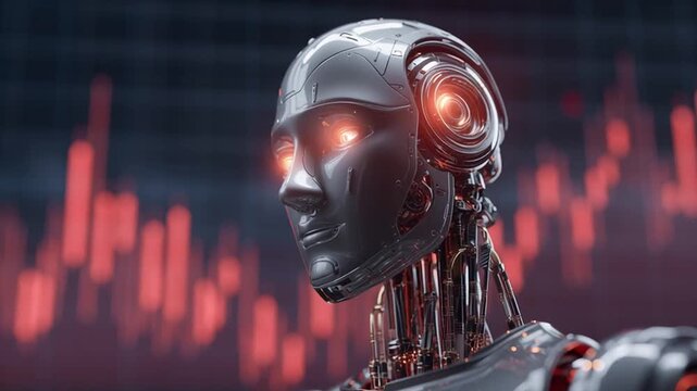 Futuristic robot head glowing red eyes mechanical details blurred red digital graph background advanced technology artificial intelligence cyborg android digital glowing mechanical intelligence