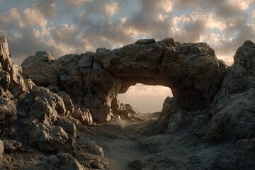 Rocky archway in a desert landscape under a cloudy sunset