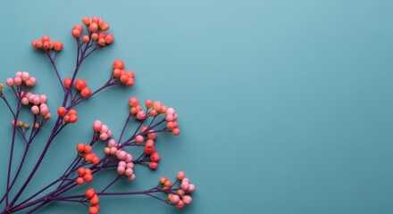 Delicate coral and pink berries on a thin stem against a solid teal blue background, creating a minimalist floral design