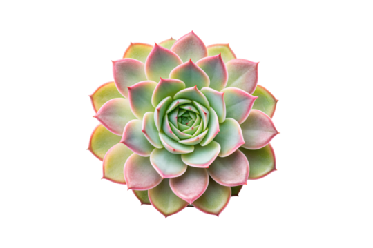 Multi-colored succulent displaying green core with pink, yellow and orange tinted leaf edges in spiral, isolated on a transparent background