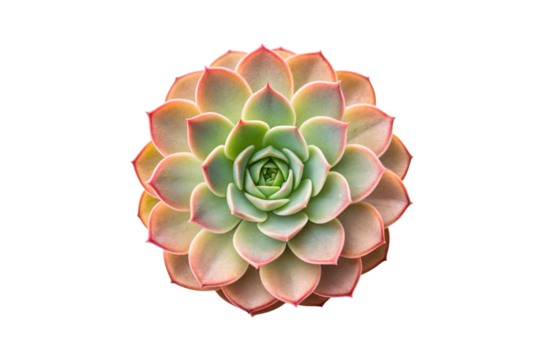 Colorful succulent plant featuring green center with pink and orange gradient edges in rosette formation, isolated on a transparent background