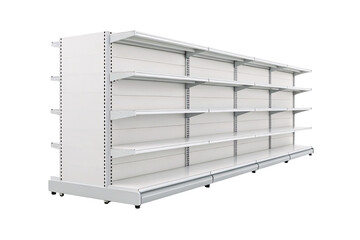 Commercial gondola shelving unit featuring white metal construction with adjustable shelves for retail product display, isolated on a transparent background