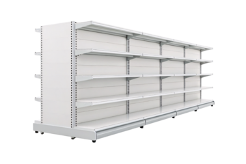 Commercial gondola shelving unit featuring white metal construction with adjustable shelves for retail product display, isolated on a transparent background
