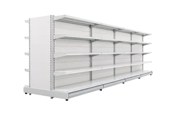 Wandcirkels Gondels Commercial gondola shelving unit featuring white metal construction with adjustable shelves for retail product display, isolated on a transparent background  © Tanicsean