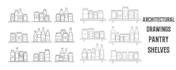 Architectural line drawings of pantry shelves with neatly arranged jars and bottles in minimal black and white vector style for kitchen storage and interior design plans