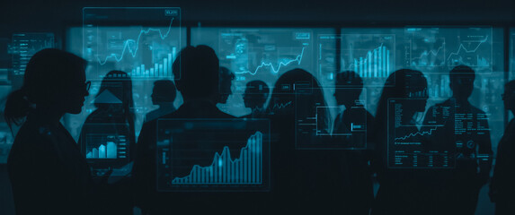 Data Analysis Team: A silhouette of business professionals gathered in a modern office setting, working to evaluate real-time data analysis, with financial charts overlayed onto the glass.