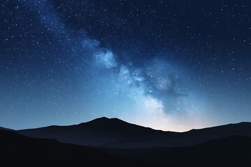 Naklejka premium Night Sky with Starry Milky Way Over Mountain Range in Dark Landscape