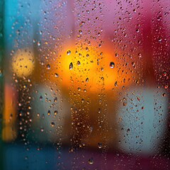 Raindrops on glass with blurred lights behind creating a colorful outoffocus effect