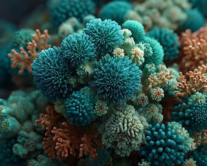 Living architecture concept using breathing coral textures and teal shadows