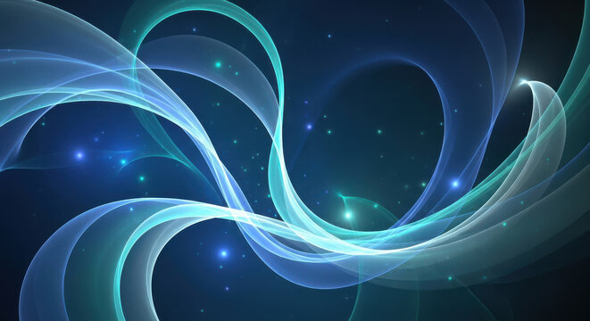 Swirling Blue and Teal Light Ribbons with Sparkling Particles abstract