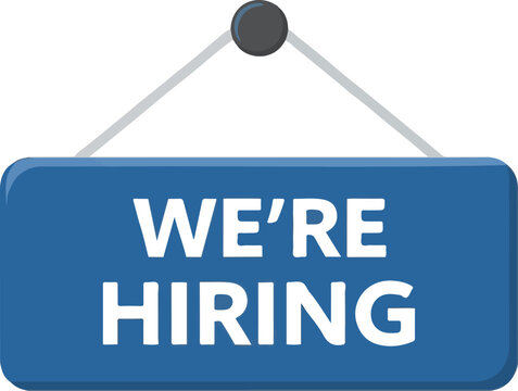 We're Hiring sign on blue background