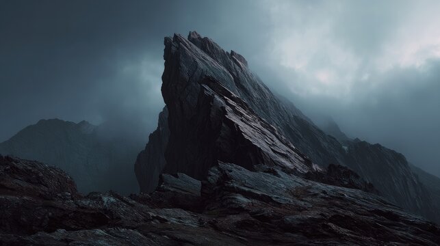 Jagged mountain peak against stormy sky, atmospheric, moody