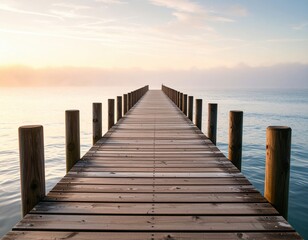 Obraz premium Wooden Pier Extends Into Calm Sunrise Lake