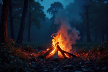 Eerie Flickering Bonfire Glow Illuminates Mysterious Night Smoke, Shadows, and Untold Secrets
