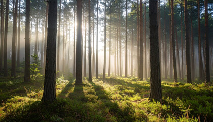 Fototapeta premium Photorealistic pine forest scene, morning fog, soft light filtering through tall trees, calm atmosphere