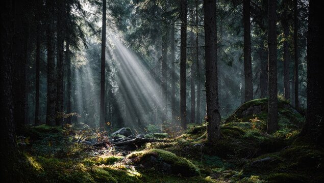 Sunlight beams through dark forest