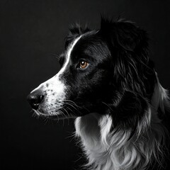 Profile of a black and white dog against a dark background