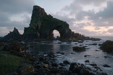 Dramatic coastal archway, dark rocks, and a tranquil ocean. Lush green vegetation clings to the cliff face.  Sunrise or sunset hues