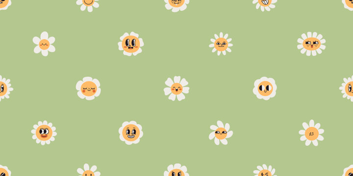 Groovy flowers, happy daisy faces, seamless pattern. Cute funny smiling chamomiles in retro vintage 70s style, endless background, repeating print for textile, fabric. Flat vector illustration