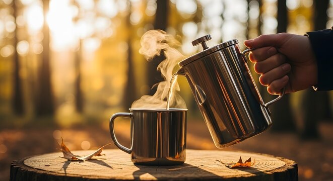 Pouring hot coffee from a french press into a mug outdoors during autumn sunset
