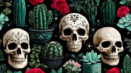 Seamless Pattern with  cactus and skull. Cinco de Mayo pattern repeating background. Vector illustration on a dark background.