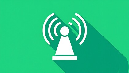 Simple white icon of a wireless signal transmitter on a green background with a long shadow