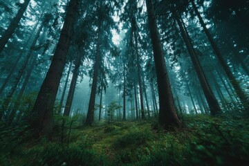 Mystical forest scene in dense fog