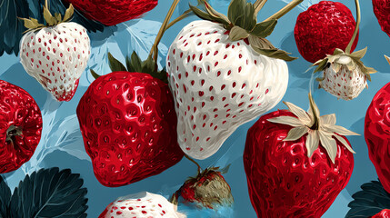 Seamless pattern of modern strawberries. Big white, red round strawberries on blue. Large bright berries. Berry pattern design for textile, web banner, cards. Fresh summer fruits. Red berries and frui