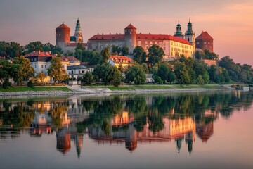 Obraz premium Sunrise castle reflection on river