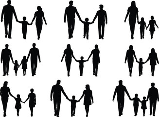 family, silhouette, parents, children, walking, holding hands, together, bonding, unity, love, relationship, support, lifestyle, black, white, background, father, mother, son, daughter