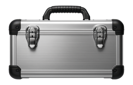 Heavy-duty aluminum tool case with reinforced corners for a construction site.
