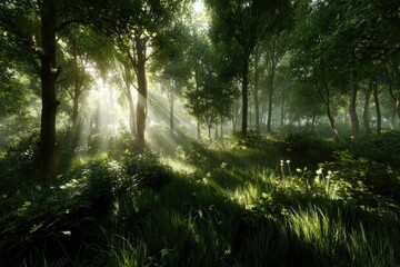 Obraz premium Sunlight streams through a misty forest, illuminating lush greenery