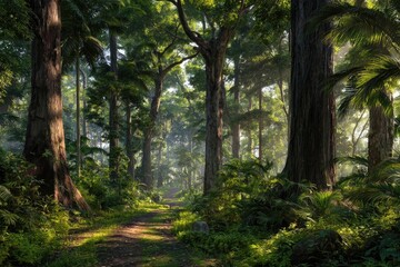 Naklejka premium Lush jungle path bathed in sunlight