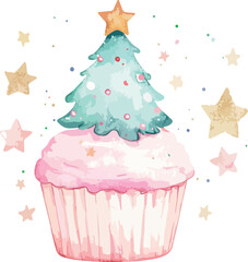 Watercolor Christmas Cupcake with Tree and Stars Illustration