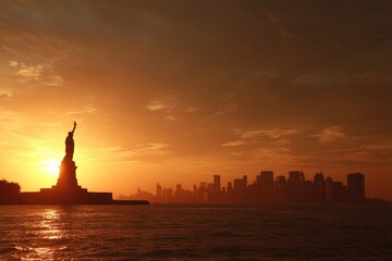 Silhouette of Statue of Liberty at sunset over NYC