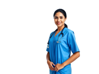 la inteligente doctora de uniforme azul está de pie. sin fondo