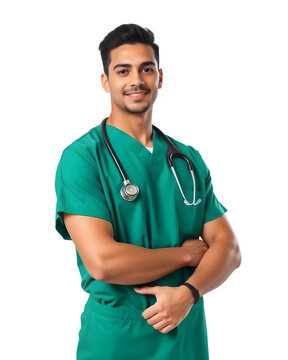 inteligente y joven doctor con uniforme verde est&aacute; de pie. sin fondo