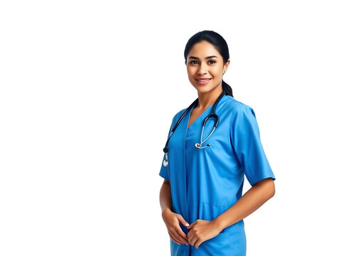 la inteligente doctora de uniforme azul est&aacute; de pie. sin fondo