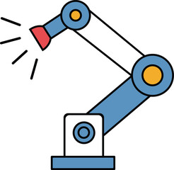 A stylized illustration of a robotic arm with a red nozzle emitting light, depicted in blue, white, and yellow.