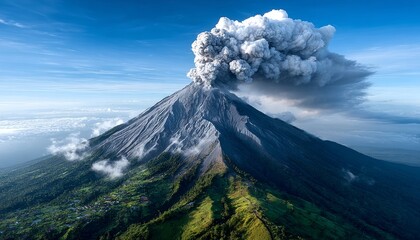 Obraz premium Majestic Volcanic Eruption Captured from Above, Showcasing Dramatic Ash Clouds and Fiery Lava Flow