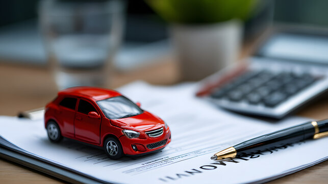 Toy car placed on insurance documents in car dealership office, auto insurance or financing options concept