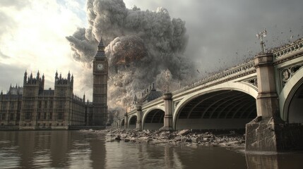 Fototapeta premium London's Parliament building and bridge, epic explosion