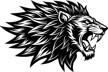 Black tribal tattoo illustration of a powerful lion head mascot, perfect for a strong symbol or logo design