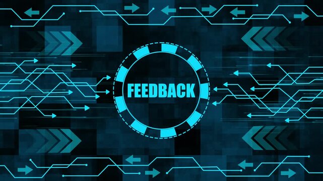 Digital feedback loop with glowing blue lines and arrows on dark tech background representing