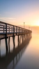Obraz premium Serene sunrise over still water, long pier extending into the mist