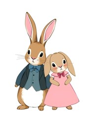Obraz premium Elegant rabbits dressed in formal attire, standing together with a white background