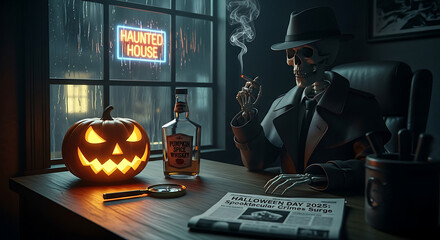 Halloween detective skeleton smoking at desk with pumpkin and haunted house window